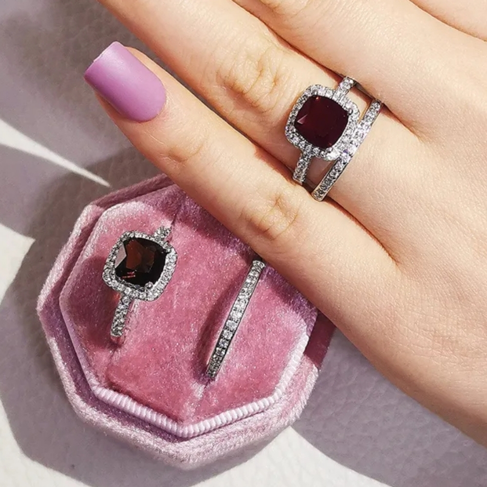 Sterling Silver Square Cushioned Bridal Set Rings